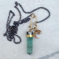 Tourmaline Wand and Antique Crescent Moon with Pearls Charms